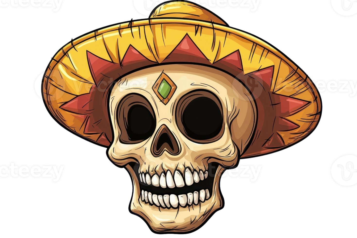 Colorful cartoon skull with a sombrero, perfect for Day of the Dead and Halloween themed designs. Vibrant festive illustration. png
