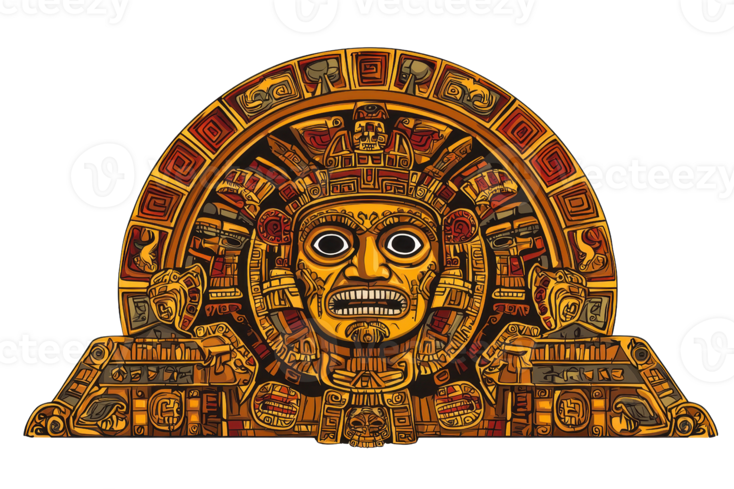 Colorful Aztec calendar art illustration depicting ancient symbolism and intricate designs in warm tones, showcasing historical artistry. png