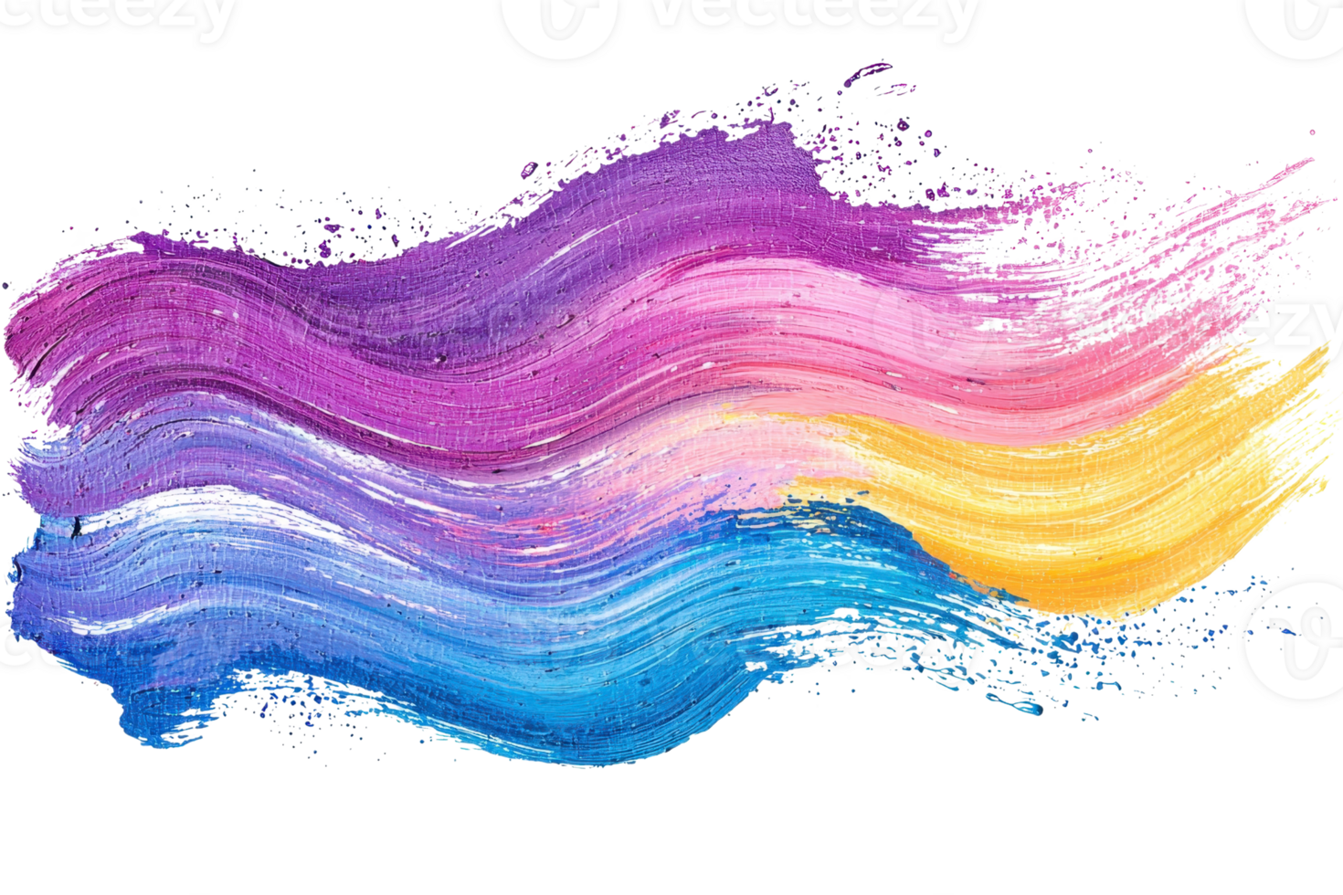 Colorful abstract paint strokes blend seamlessly, creating a vibrant and dynamic wave of purple, pink, blue, and yellow hues for artistic projects. png