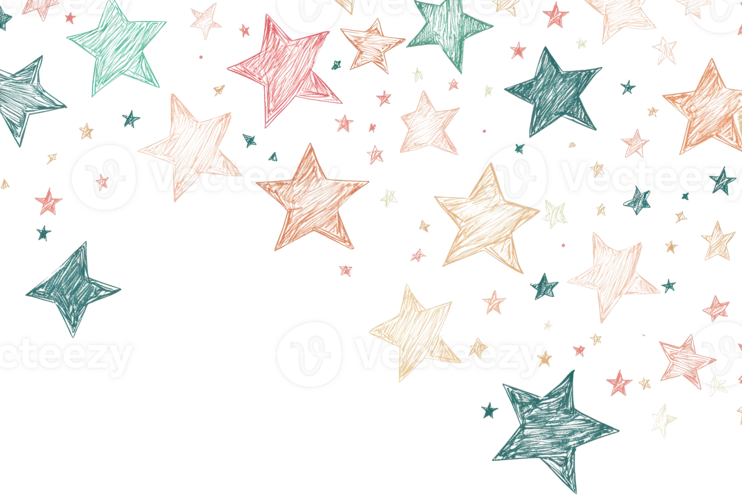 Colorful hand-drawn stars scattered across a transparent background. creating a whimsical and dreamy effect suitable for artistic projects. png