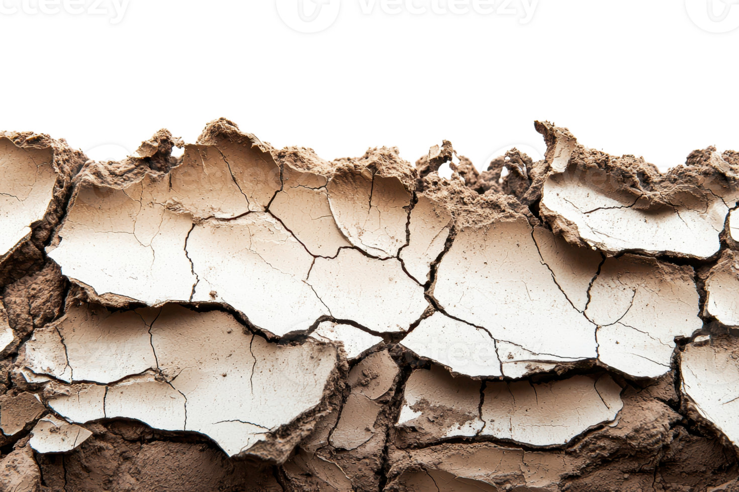 Close-up of cracked dry earth in a desert landscape, showcasing the effects of drought and environmental conditions on soil surfaces. png