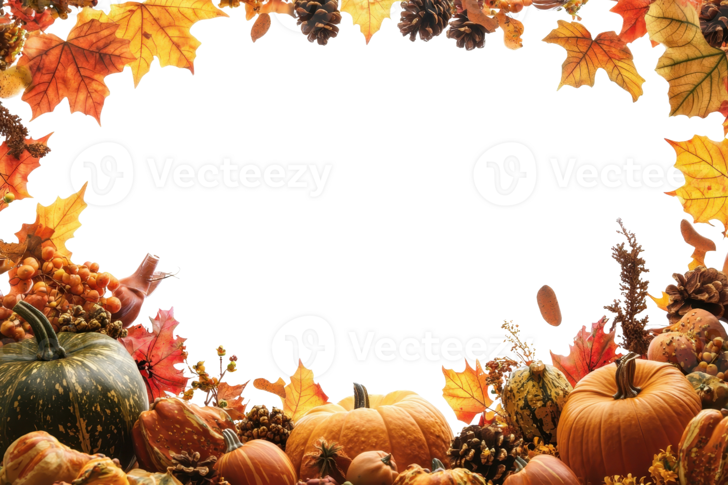 Colorful autumn frame with pumpkins, leaves, and pine cones, perfect for seasonal and Thanksgiving themes. Blank space in the center for text. png