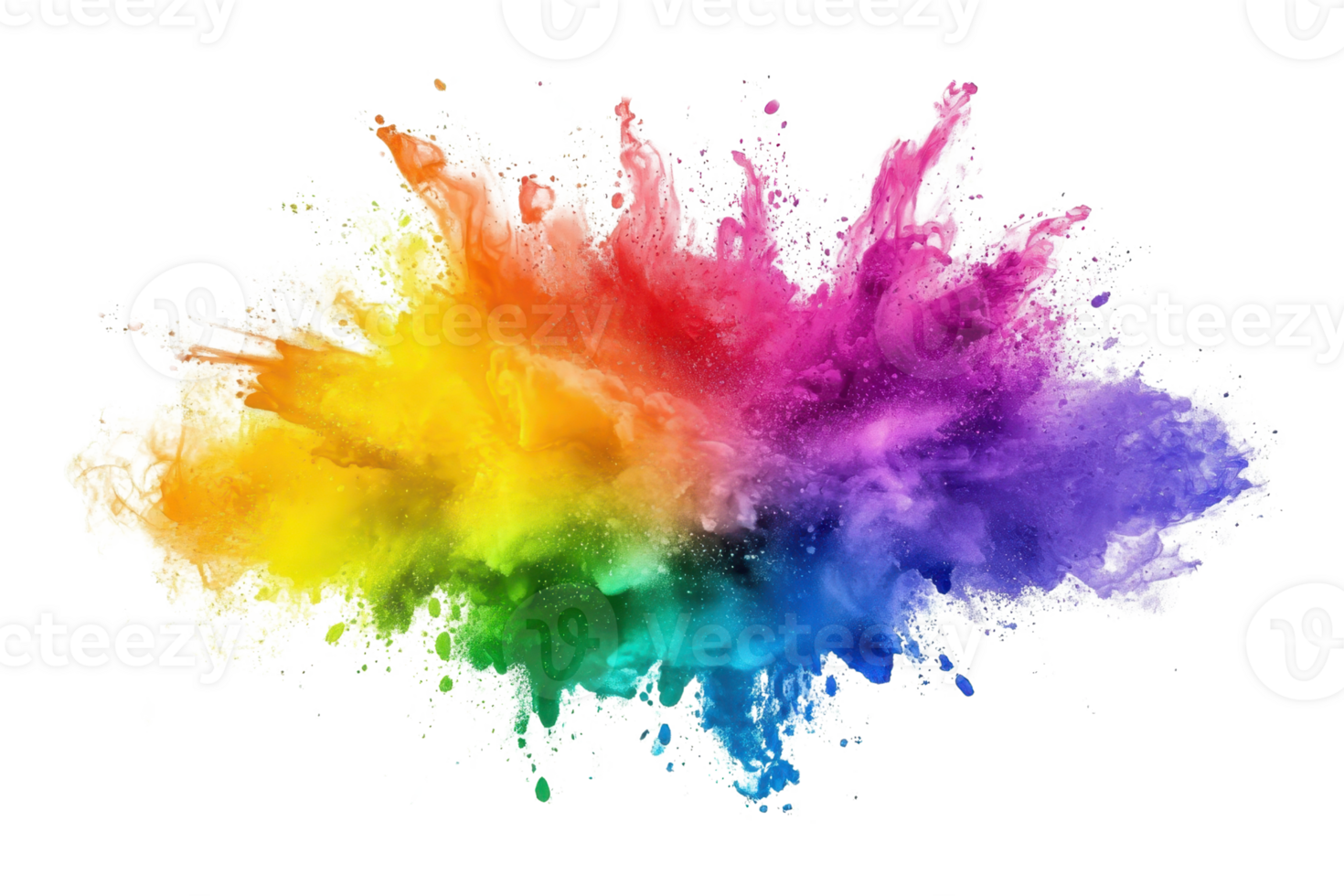 Colorful explosion of vibrant powder creating a vivid splash of rainbow hues on a transparent background. symbolizing creativity and energy. png