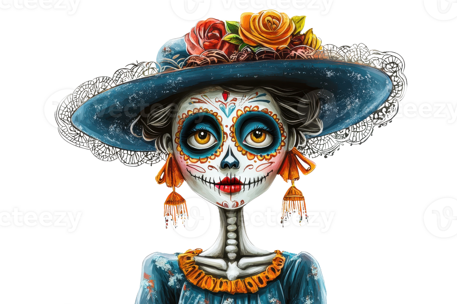 Colorful Day of the Dead illustration featuring a traditional female skeleton with face paint, wearing a hat adorned with flowers. png