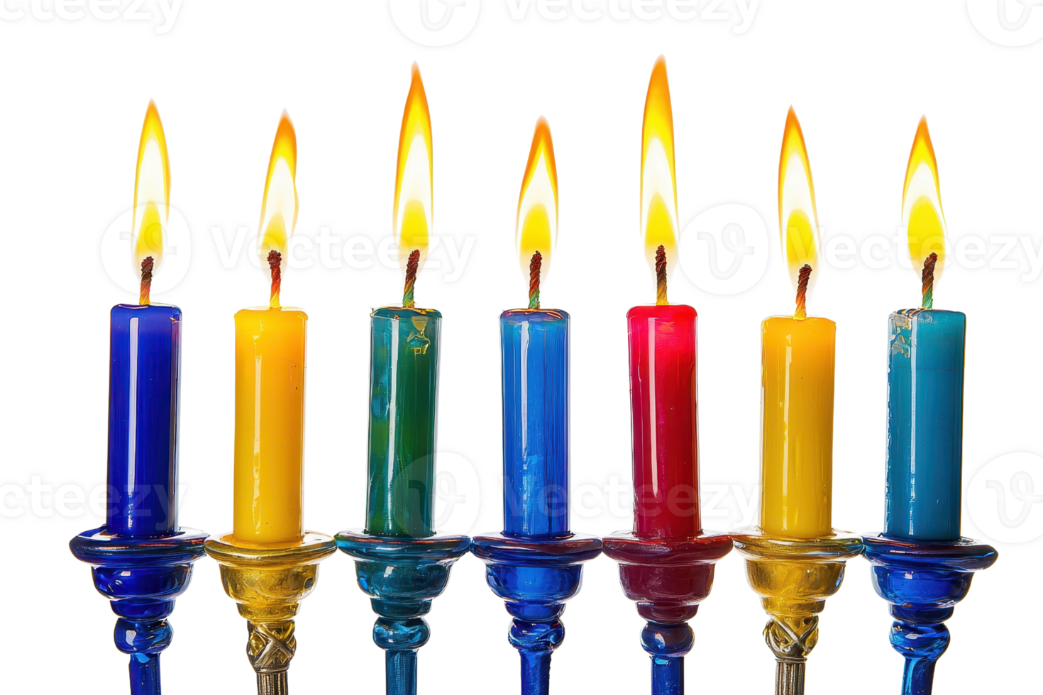 Colorful lit candles arranged in a row, creating a warm and festive atmosphere with their bright flames against a transparent background. png