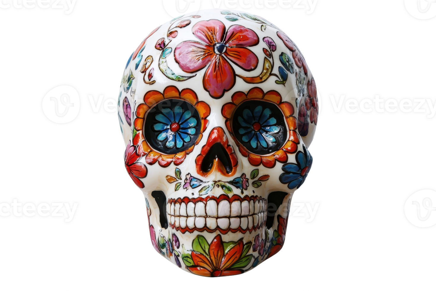 Colorful decorated skull with floral patterns, perfect for Day of the Dead, Halloween, and cultural celebrations. Intricate and vibrant artwork. png