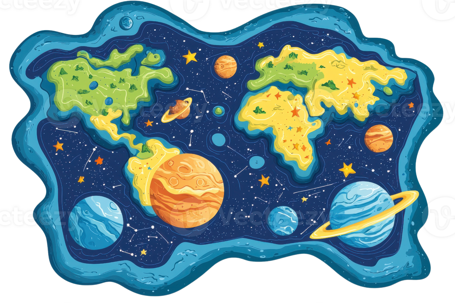Colorful map of continents and planets in a whimsical space theme, featuring stars and unique artistic representation. png