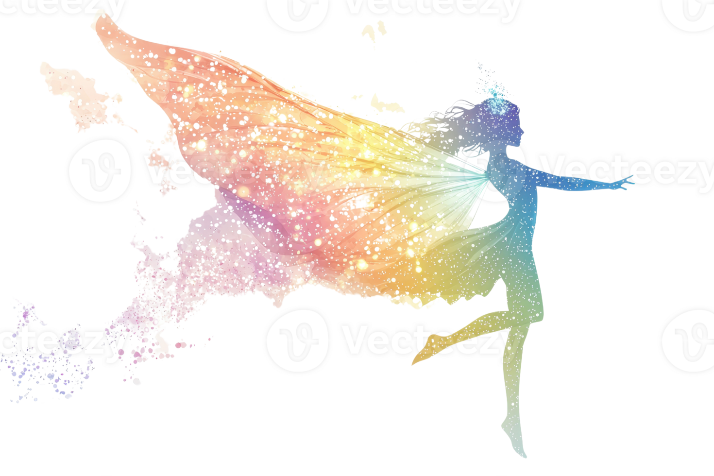 Colorful silhouette of a fairy with vibrant wings and sparkling particles, capturing the magic and wonder of fantasy. png