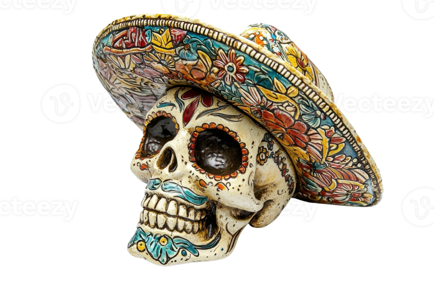 Colorful Day of the Dead sugar skull with intricate patterns and a sombrero, celebrating Mexican culture and tradition. png