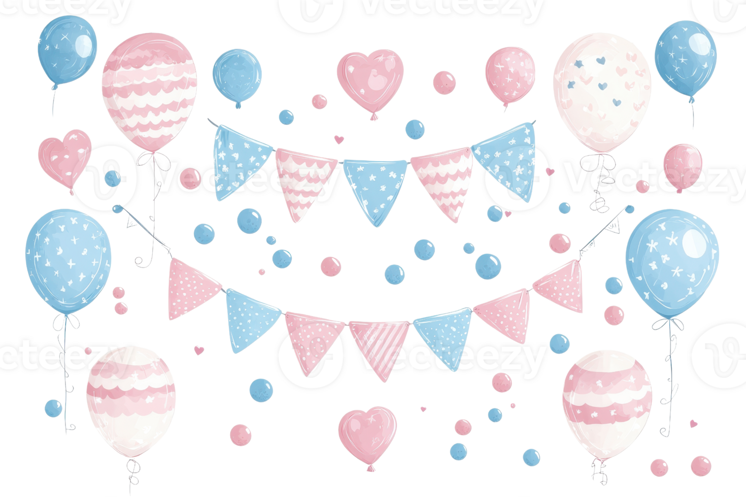 Colorful party decorations with pink and blue balloons, flags, and hearts create a festive atmosphere for any celebration or event. png