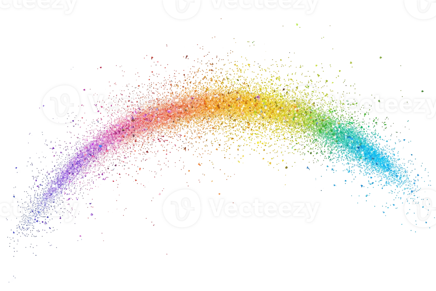 Colorful powder explosion creating a vibrant rainbow arc on a transparent background. representing creativity and celebration. png