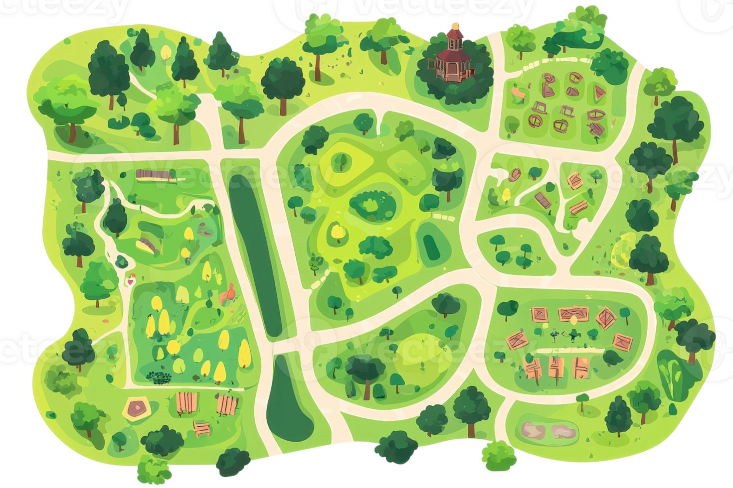 Colorful illustrated map of a park with winding paths, trees, and gardens. Perfect for educational and recreational purposes. png