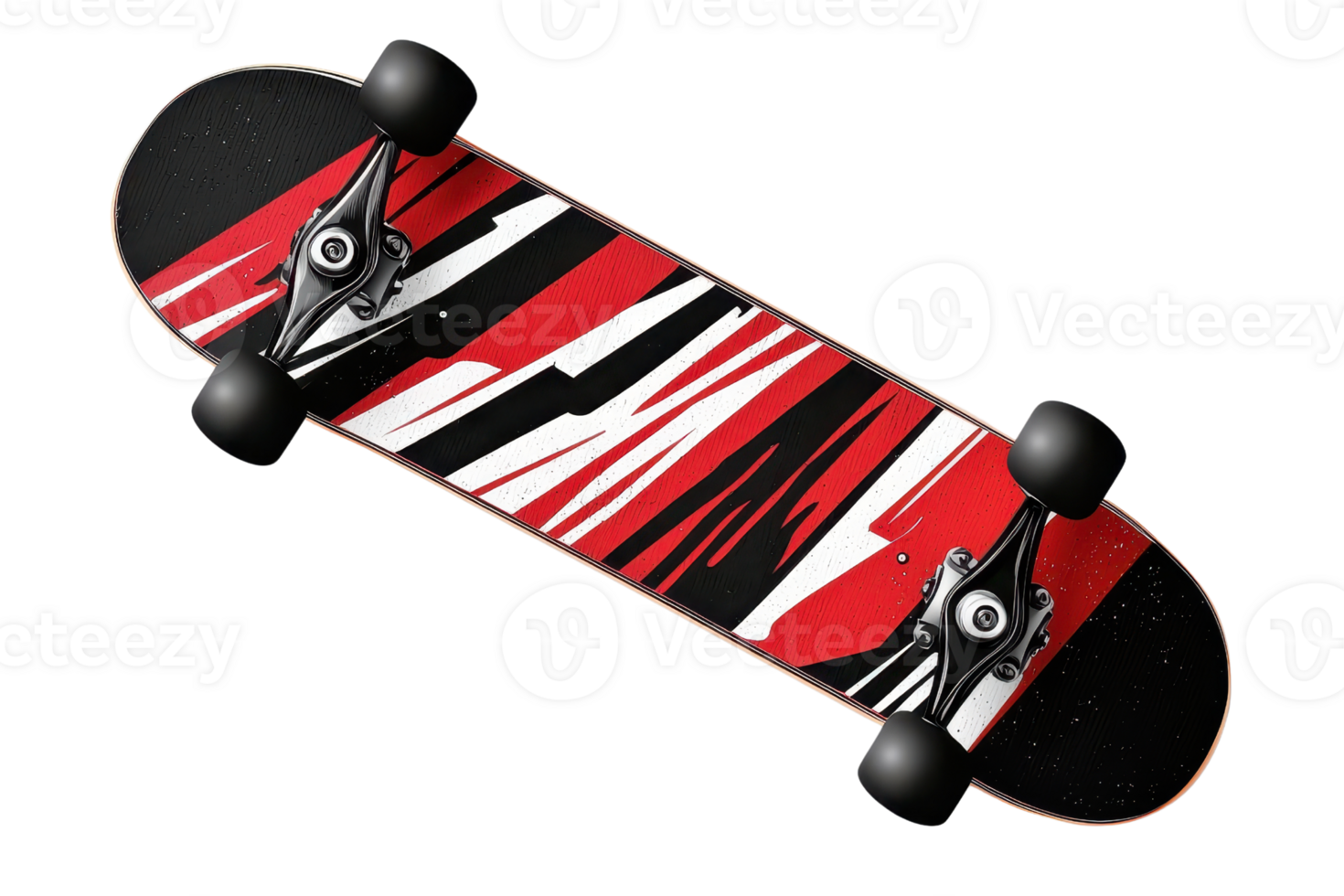 Colorful skateboard with abstract red and white pattern isolated on transparent background. Cool design and perfect for skate enthusiasts. png