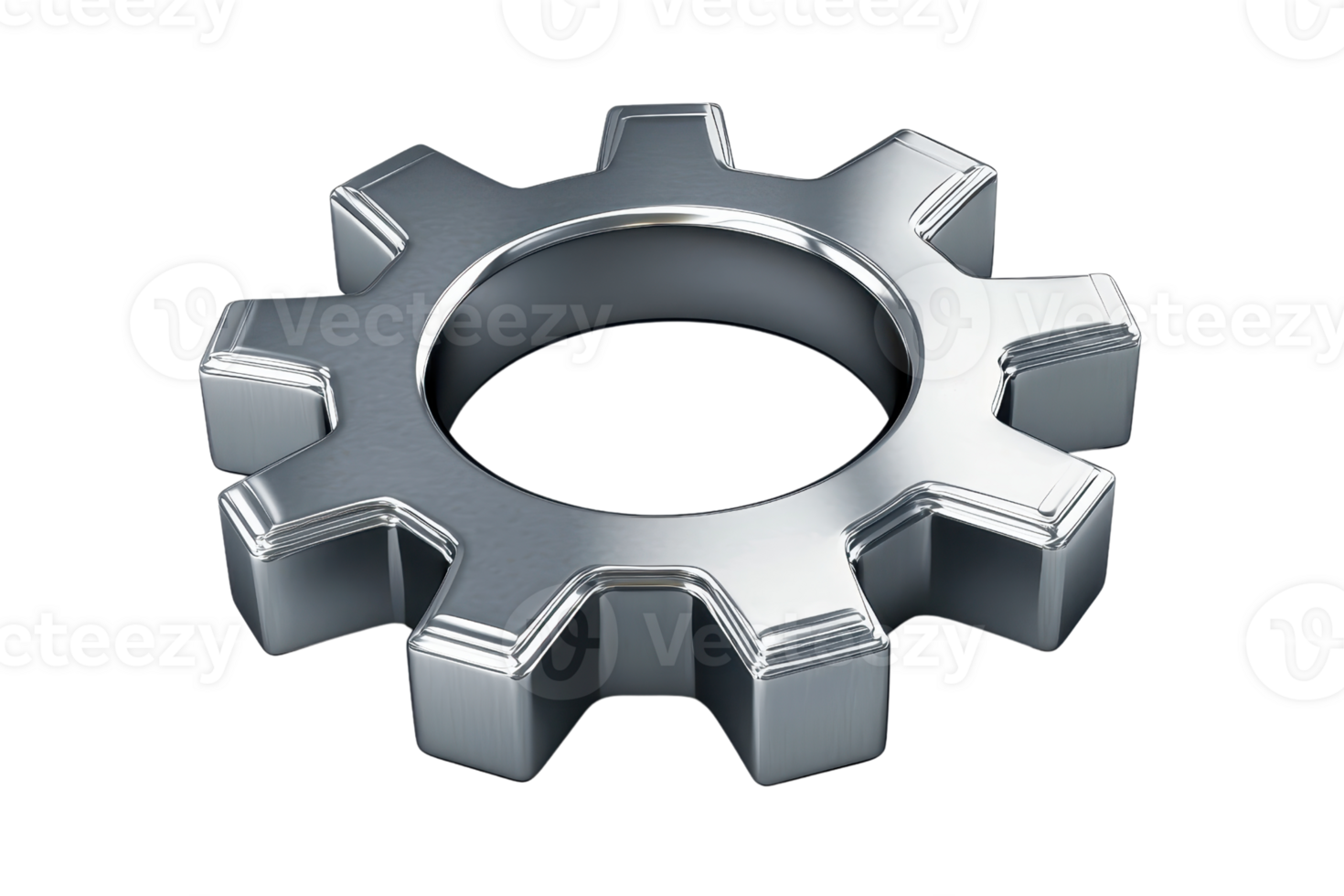 Close-up of a metallic gear, showcasing industrial design and engineering precision with polished, interlocking teeth on a reflective surface. png