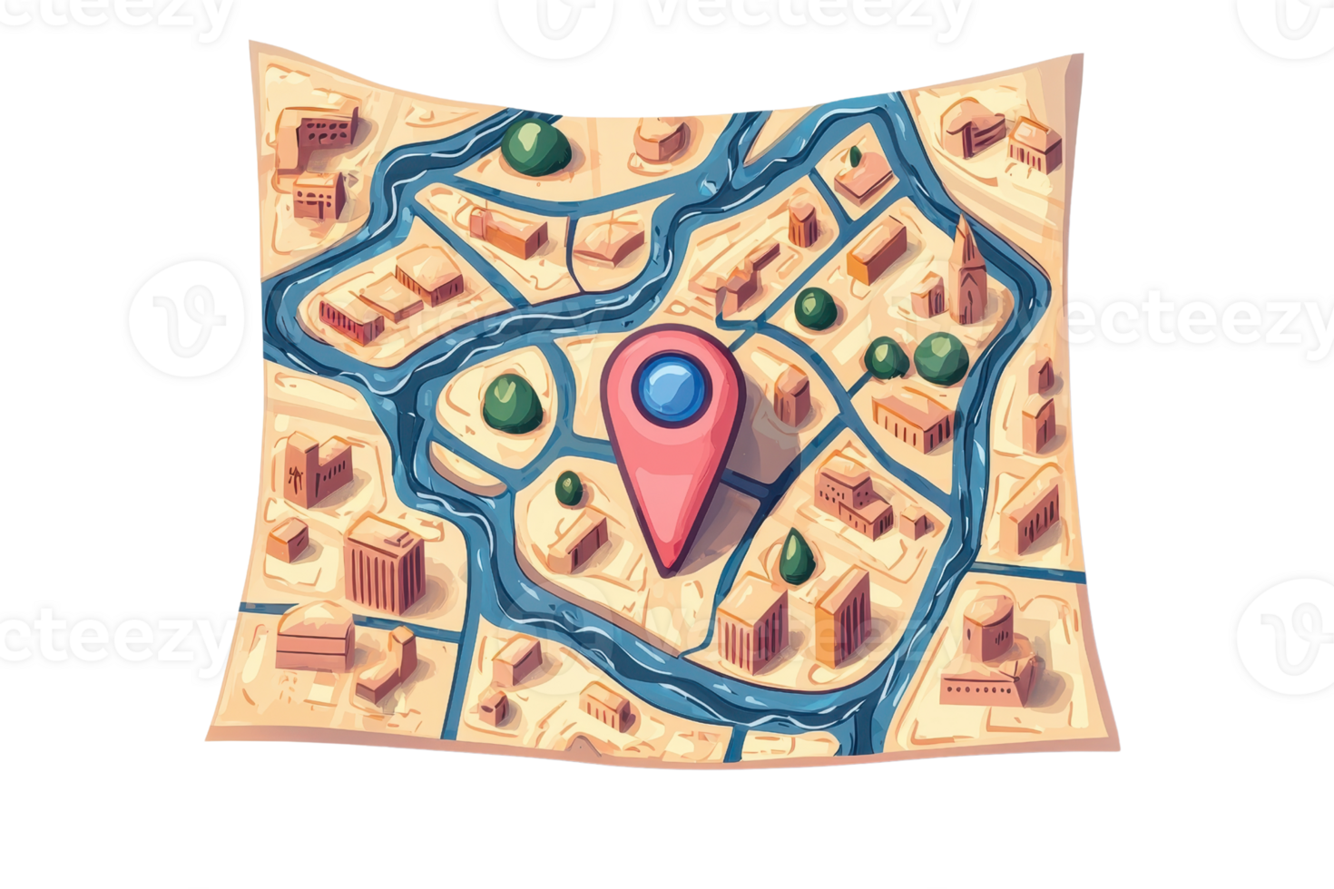 Colorful map illustration with a prominent location marker surrounded by rivers and buildings on a textured surface. png