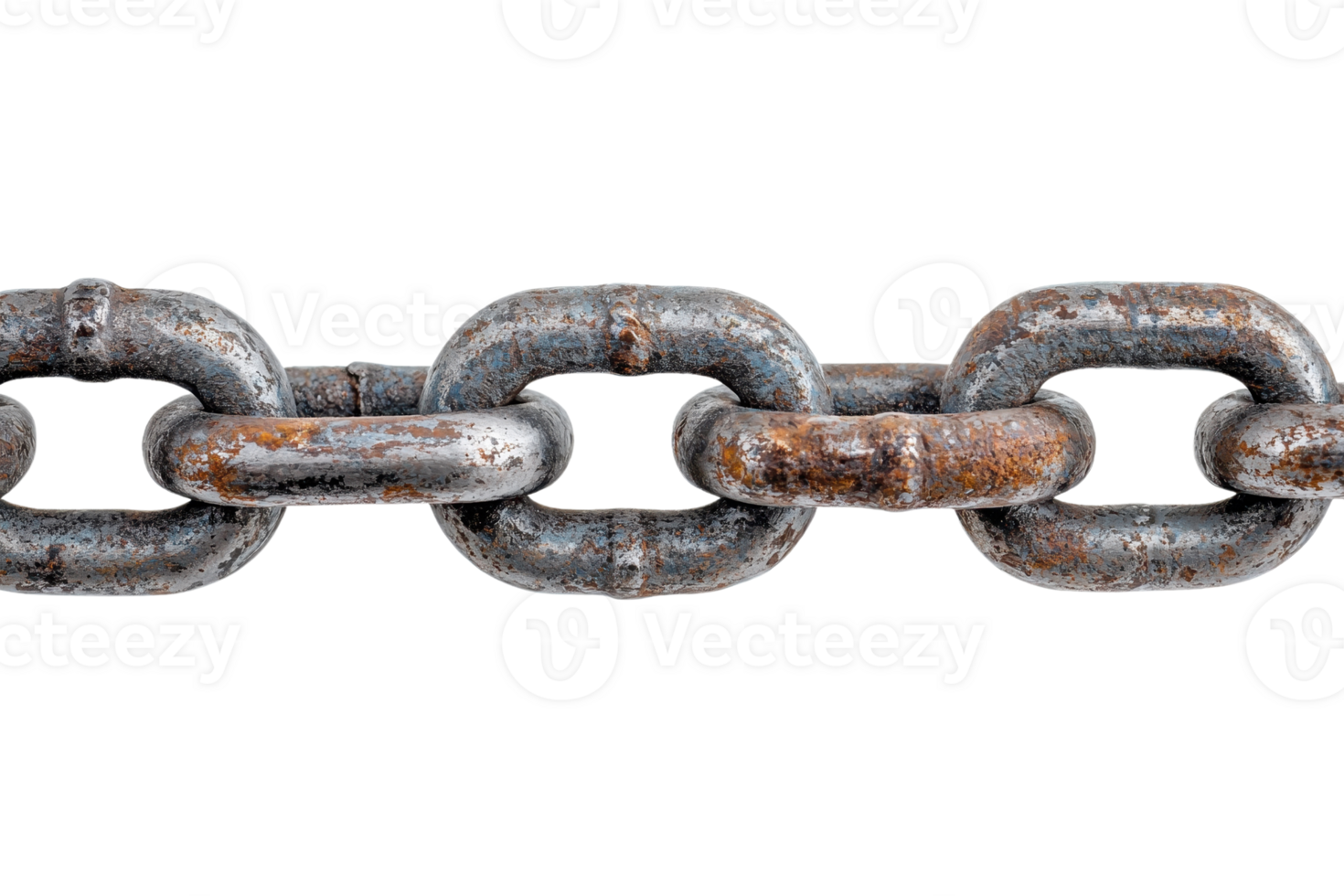 Close-up of a rusted chain link showing detailed texture and weathering, symbolizing strength, connection, and industrial history. png