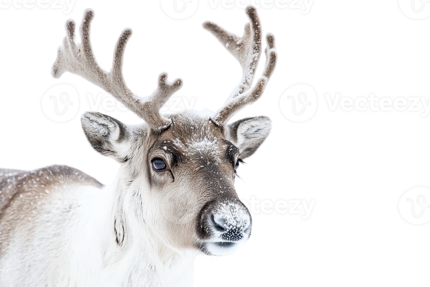 Close-up of a majestic reindeer with large antlers, captured on a transparent background. Perfect for holiday themes and winter presentations. png