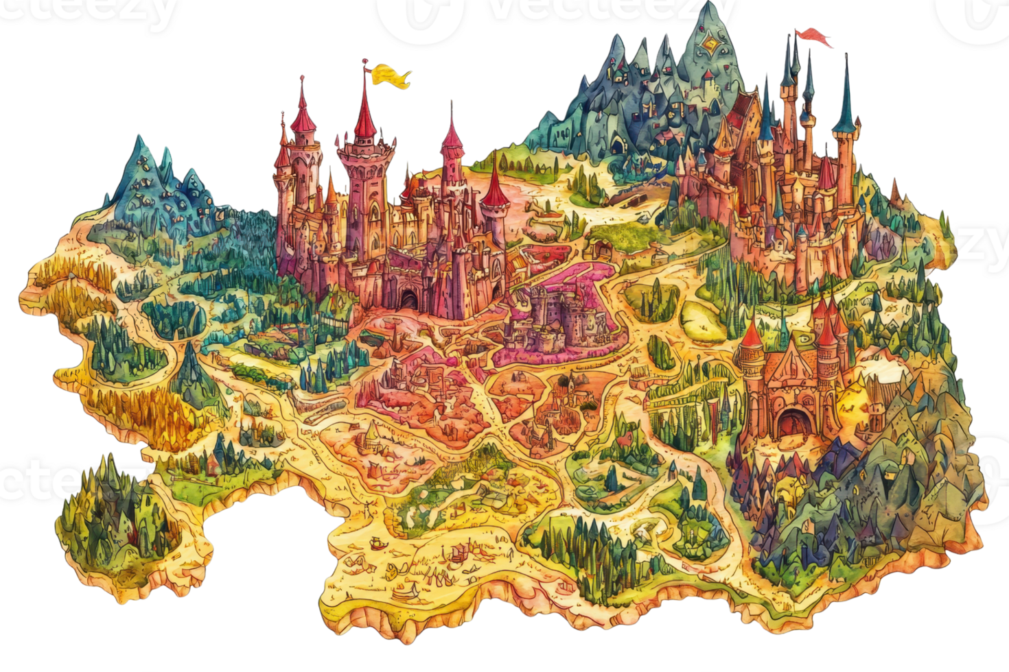Colorful map illustration of a fantasy kingdom with castles, forests, and pathways, creating a vibrant and magical adventure scene. png