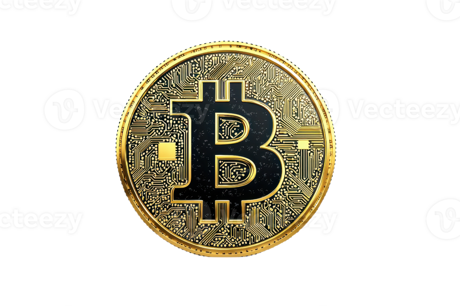 fechar-se do uma brilhante bitcoin moeda com intrincado circuitos projeto, simbolizando digital moeda e blockchain tecnologia dentro a moderno financeiro era. png