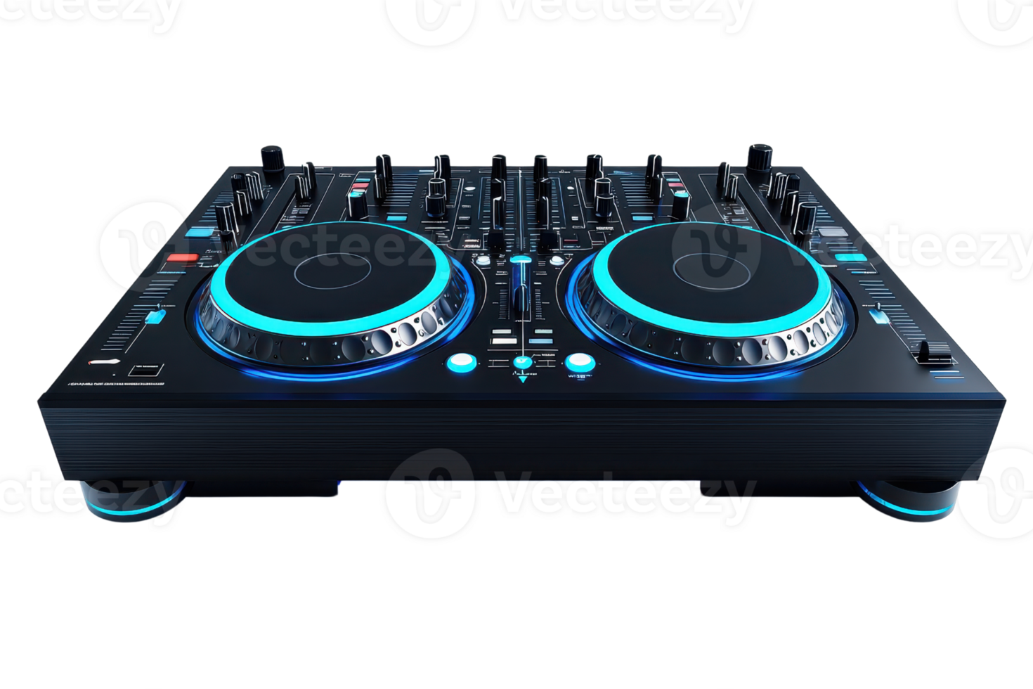 Close-up of a modern DJ controller with illuminated controls, perfect for mixing music at events or in a studio setting. png