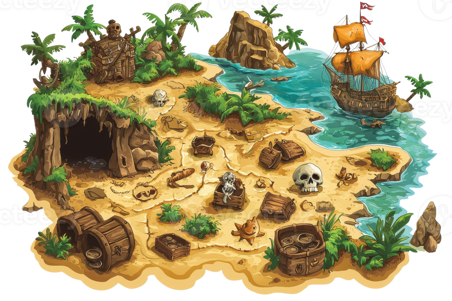 Colorful pirate treasure map with island, ship, skull, cave, and palm trees, ideal for adventure-themed designs and illustrations. png