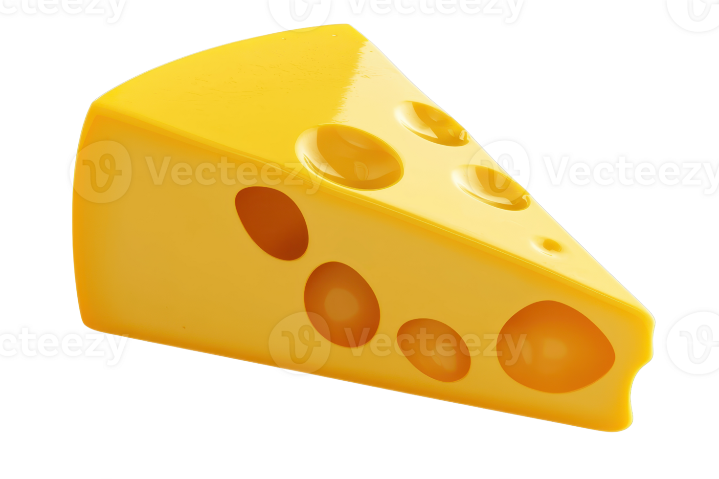 Close-up of a yellow Swiss cheese wedge with characteristic holes, highlighting its texture, color, and delicious appeal on a transparent background. png
