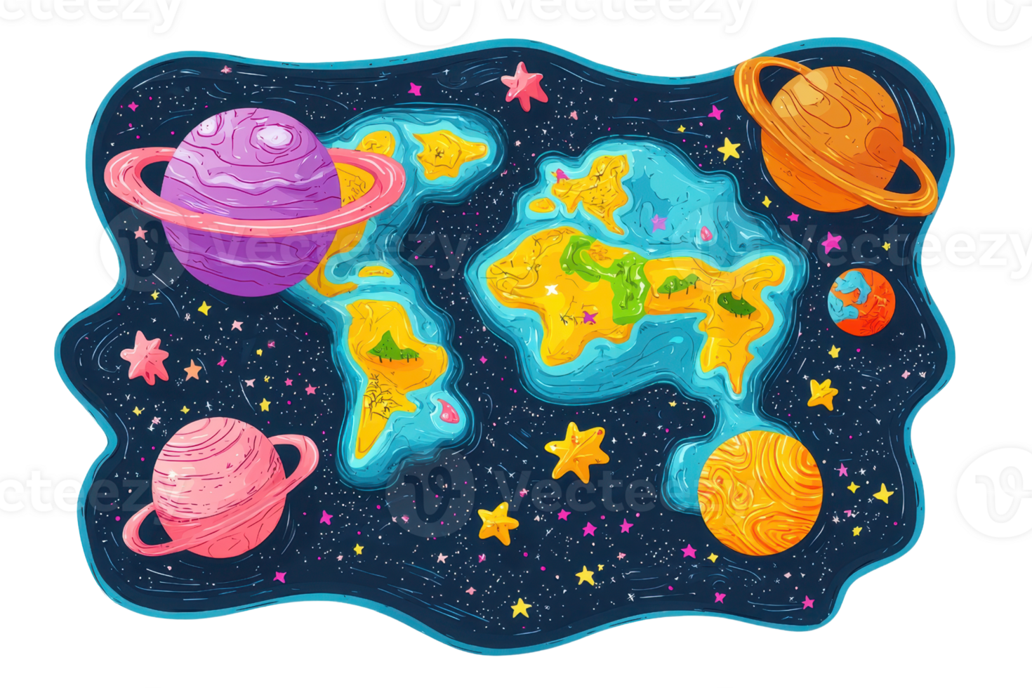 Colorful space-themed illustration with planets, stars, and a whimsical map on a dark background. Perfect for educational or creative use. png