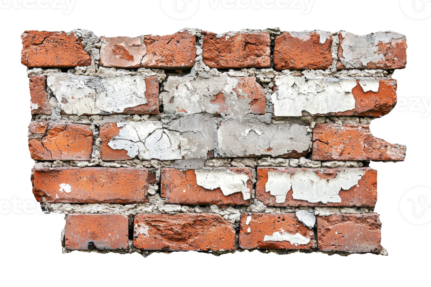 Close-up of a rustic red brick wall with peeling white paint, showcasing textured detail and vintage charm. png