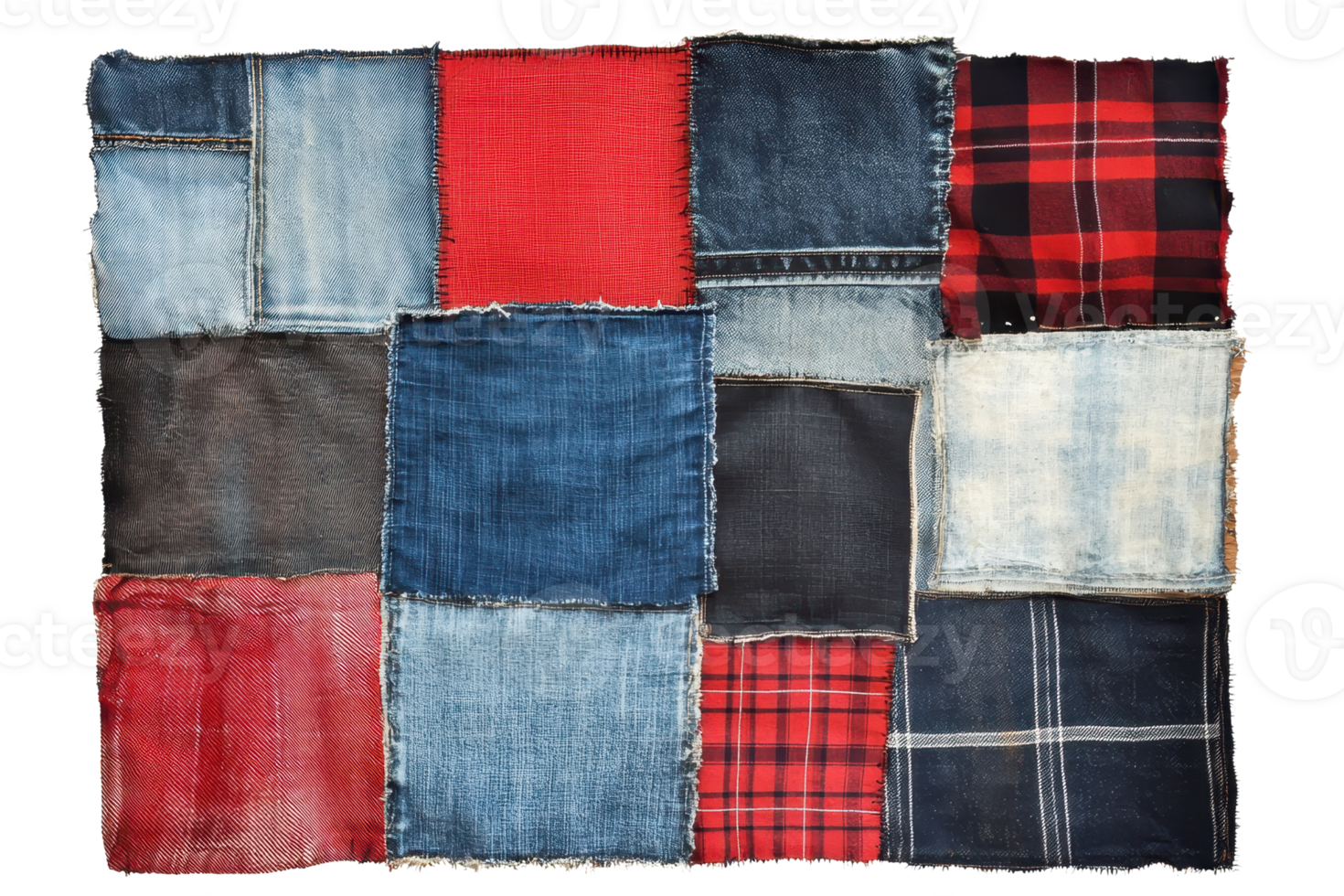 Colorful patchwork of denim and plaid fabric squares. A creative, rustic design showcasing texture and pattern variety. png