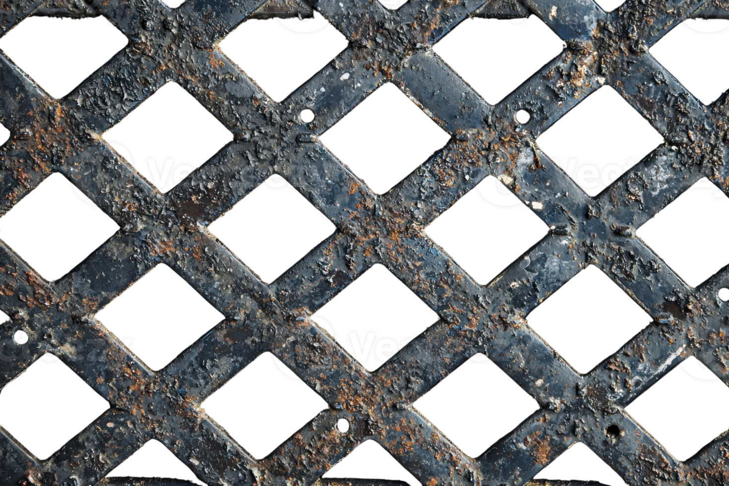 Close-up of a rusty metal lattice grid showing texture and pattern, ideal for backgrounds or industrial-themed designs in stock photography. png