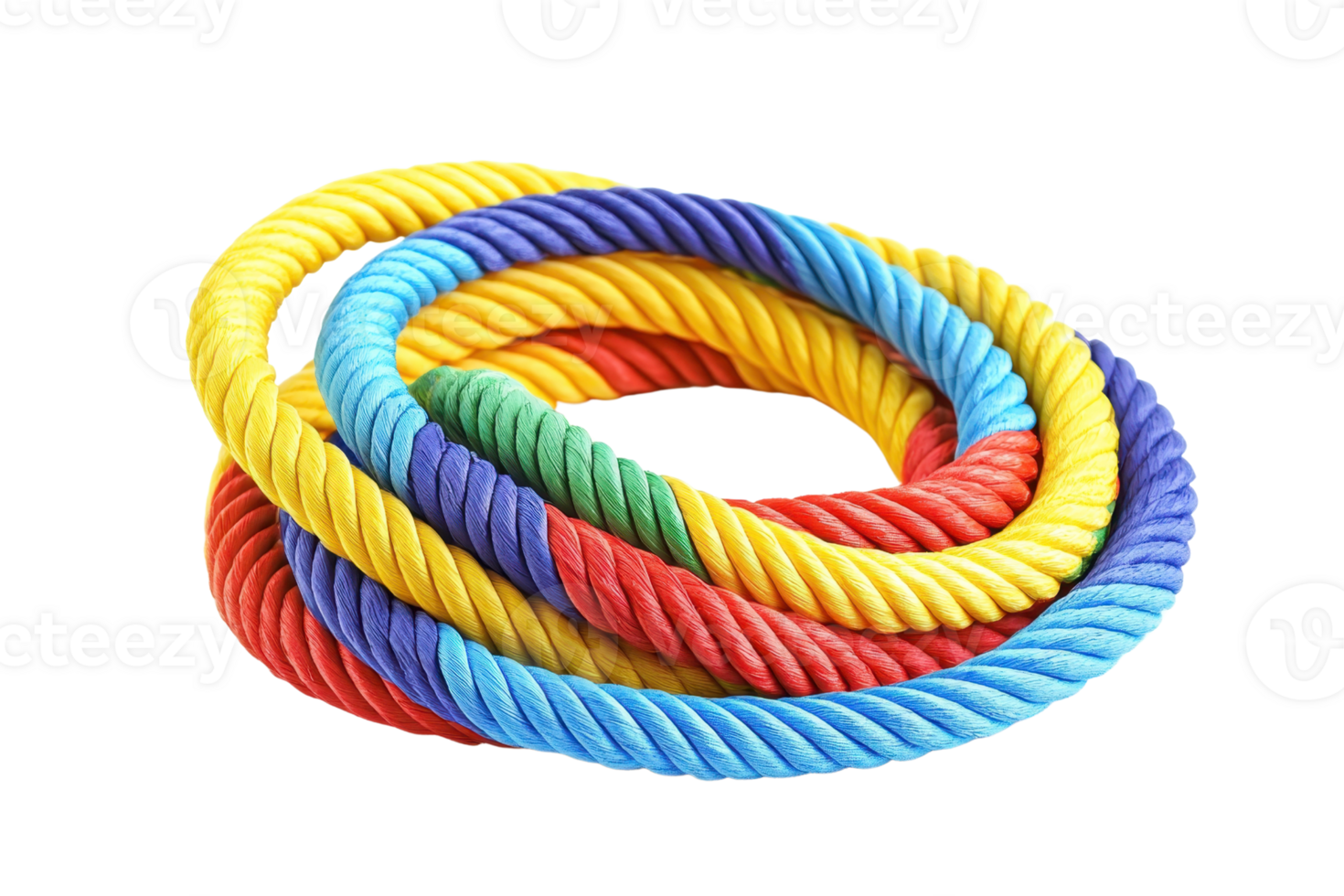 Close-up of a vibrant, colorful twisted rope featuring bright hues of yellow, blue, red, and green, symbolizing unity and strength. png