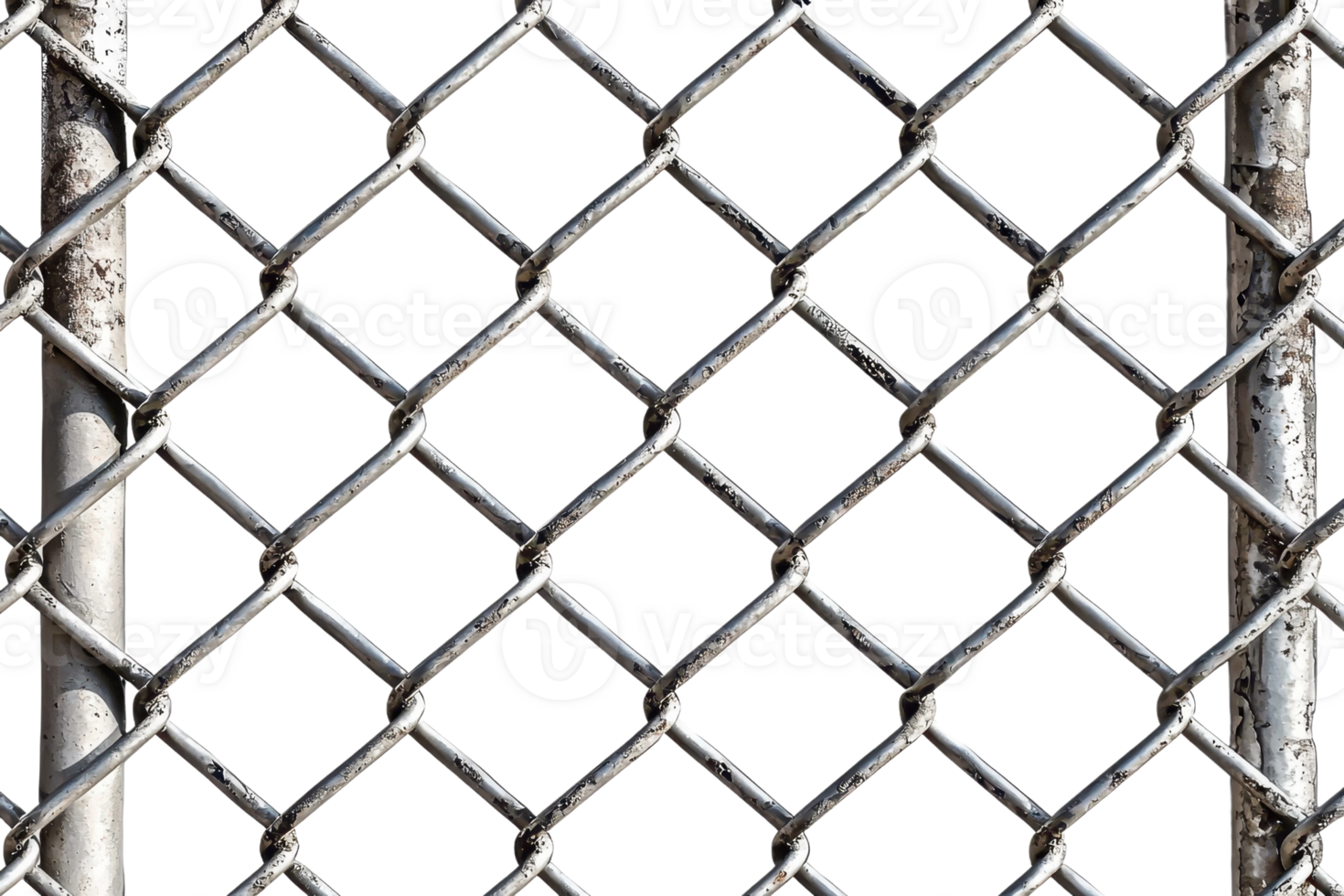 Close-up view of a metal chain link fence creating a grid-like pattern, symbolizing security and boundary separation on a transparent background. png