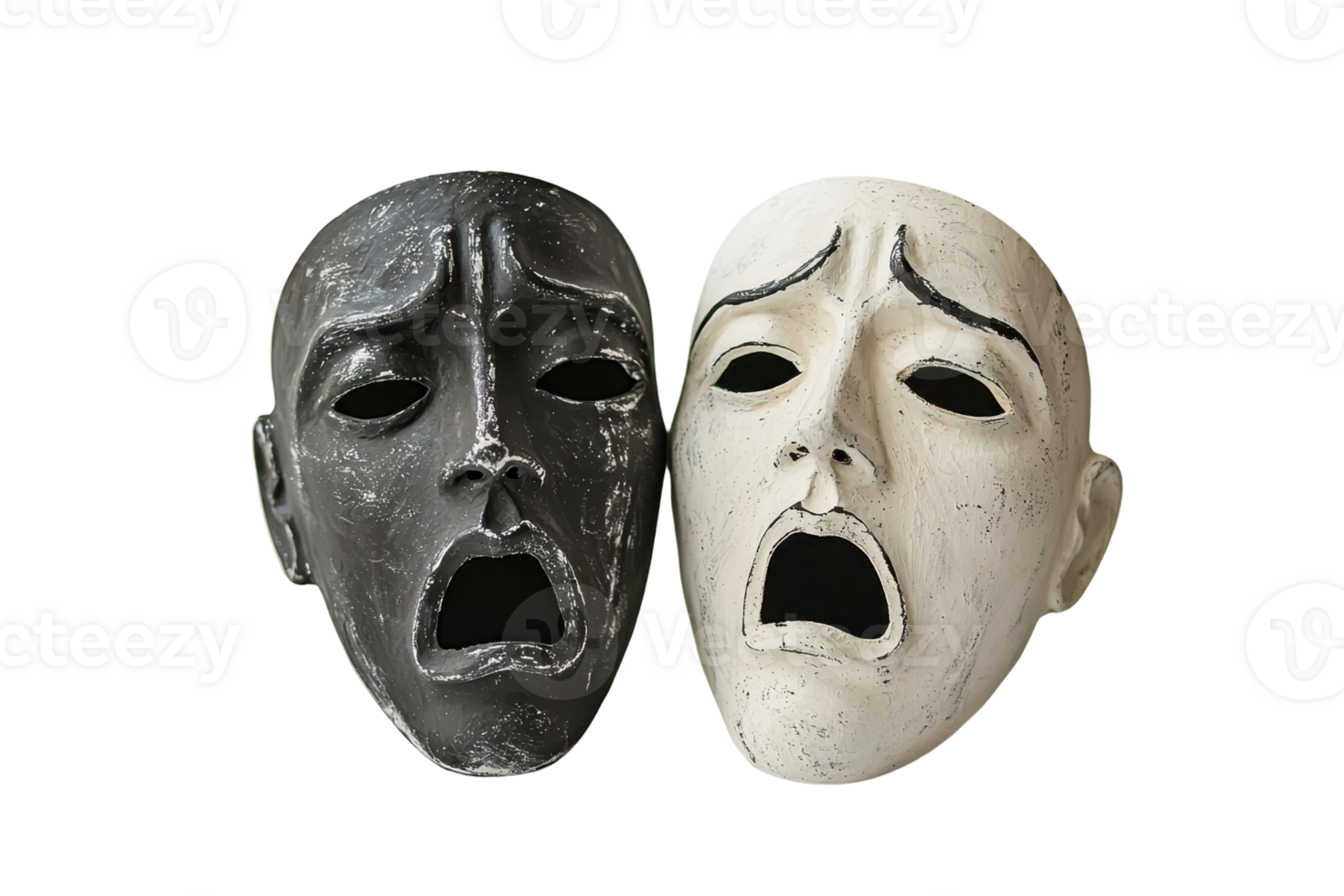 Close-up of theatrical masks in black and white, symbolizing drama and emotion. Perfect for themes of theater, contrast, artistry, and expression. png