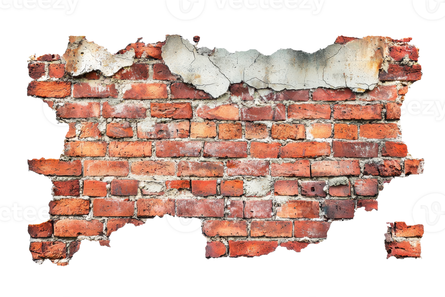 Close-up of an old, weathered red brick wall with peeling plaster, showcasing rustic textures and urban decay. png
