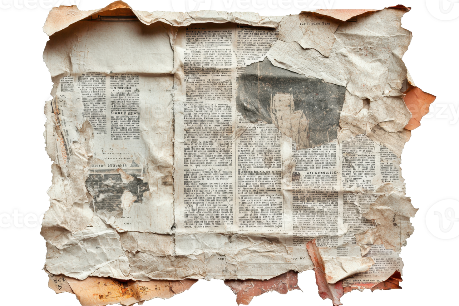 Close-up of a vintage, weathered newspaper with torn edges and faded text, evoking nostalgia and the passage of time. png