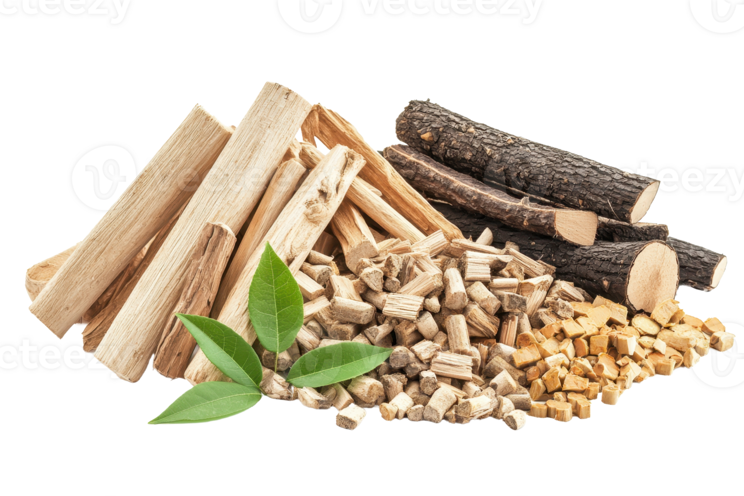 Collection of different types of wooden logs, chips, and pellets isolated on a transparent background. for biomass energy and fuel concepts. png