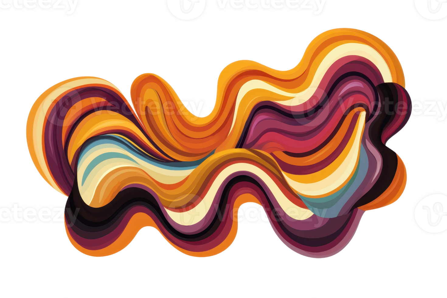 Colorful abstract wave with layered curves in vibrant orange, maroon, and yellow tones, creating a dynamic and flowing artistic pattern. png