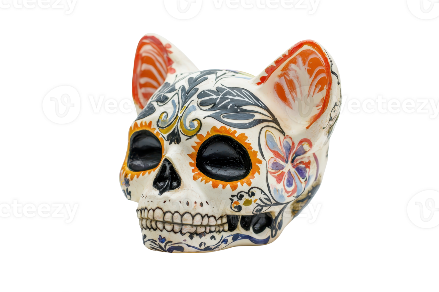 Colorful cat-shaped sugar skull, intricately decorated for Dia de los Muertos, with floral and geometric patterns. png