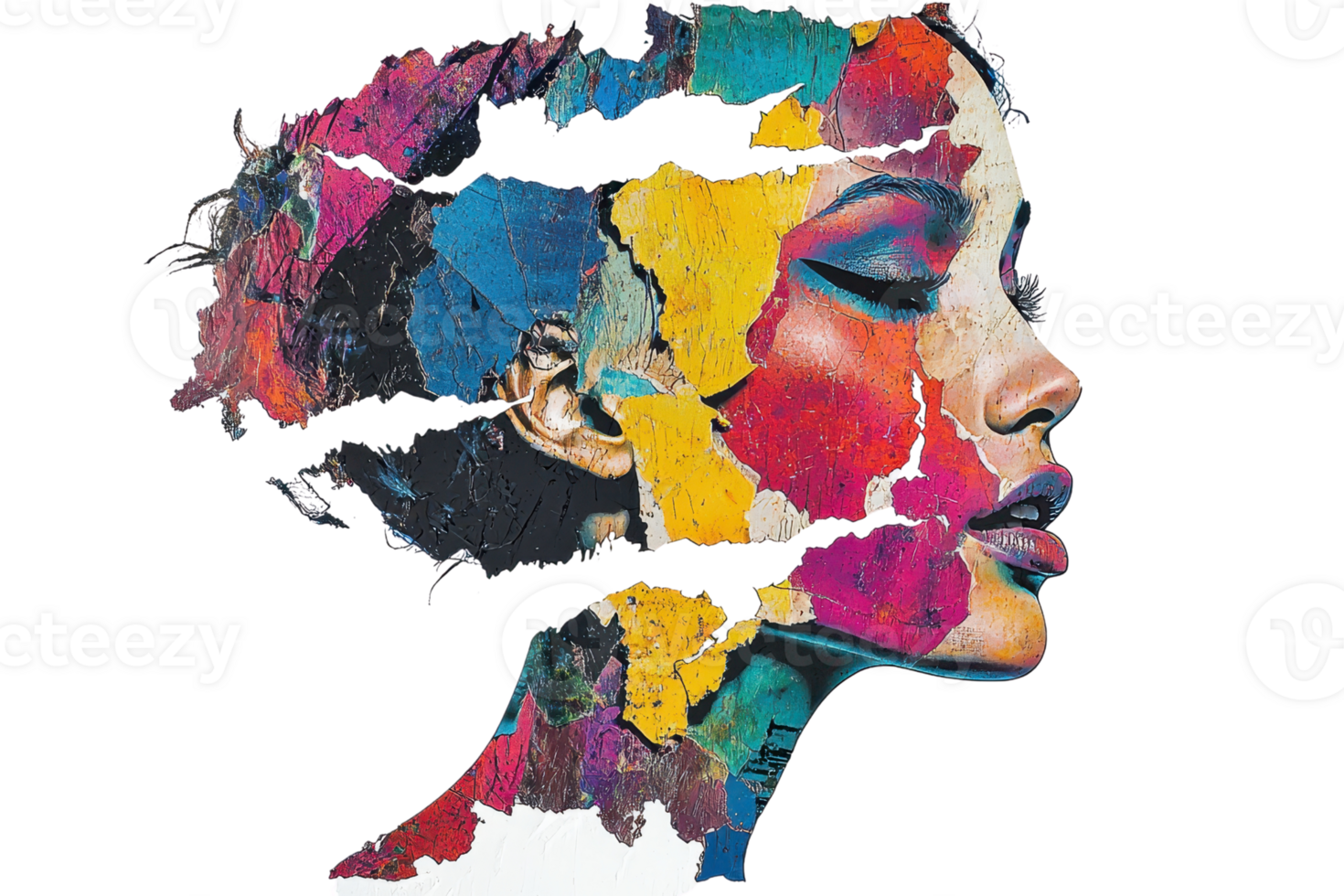 Colorful artistic portrait blending vibrant paint textures with human features, showcasing creativity and self-expression in modern art. png