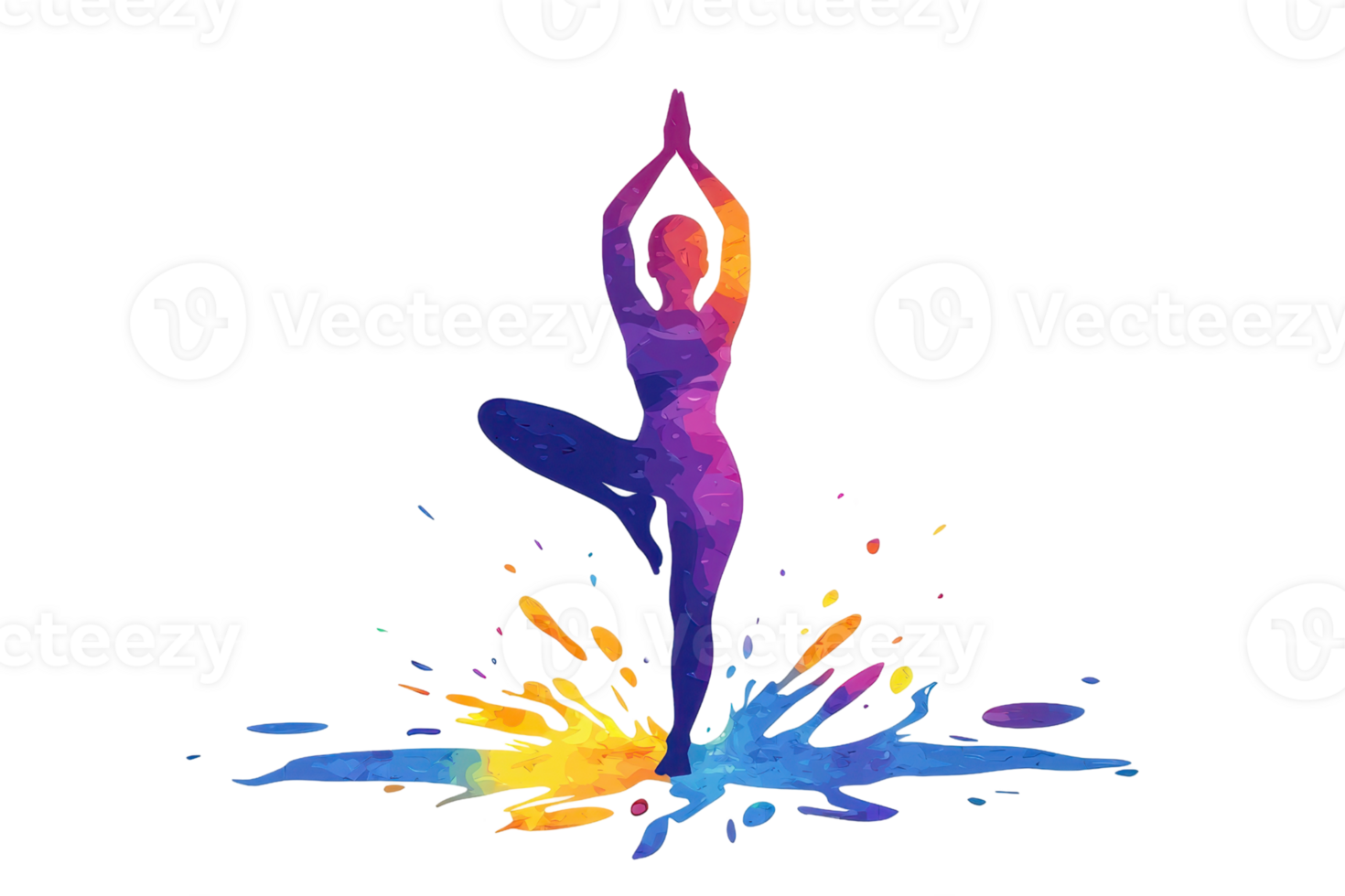 Colorful watercolor silhouette of a person practicing yoga, capturing balance and tranquility with vibrant splashes and a serene figure. png