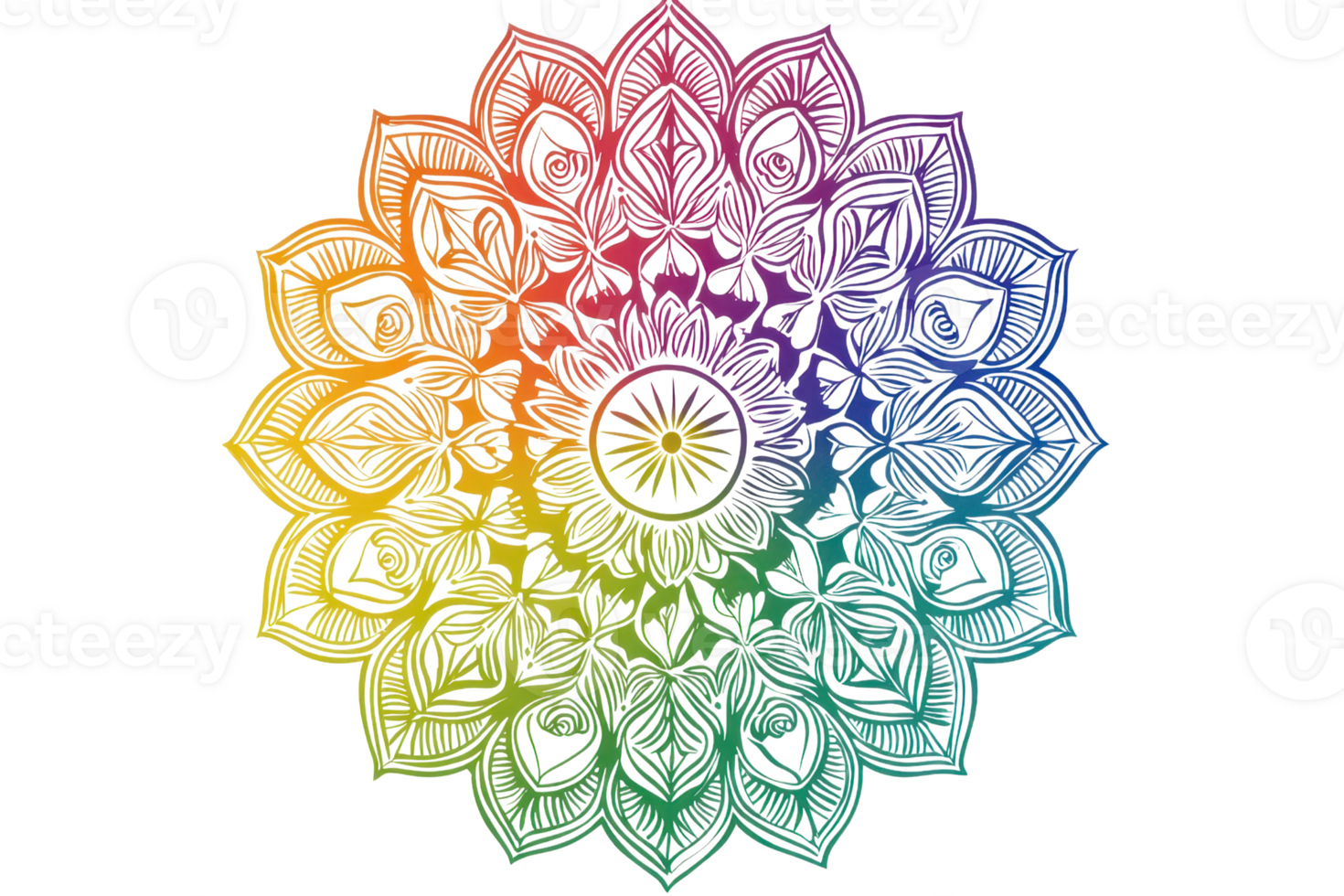 Colorful abstract mandala design with intricate geometric patterns, blending vibrant rainbow hues for a soothing and artistic visual effect. png