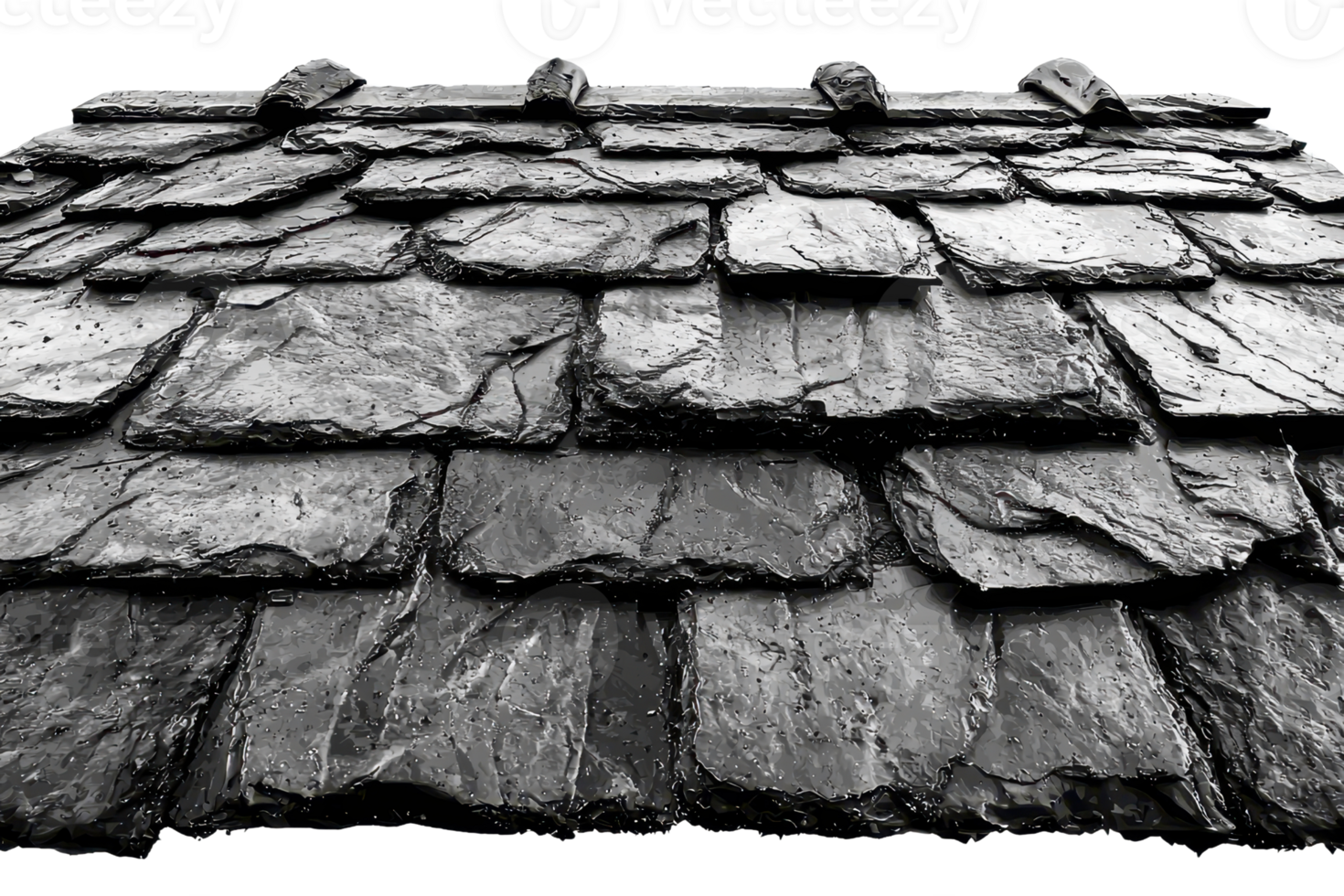 Close-up of a rustic slate roof with weathered texture, showcasing natural stone tiles in an overlapping pattern, ideal for architectural themes. png