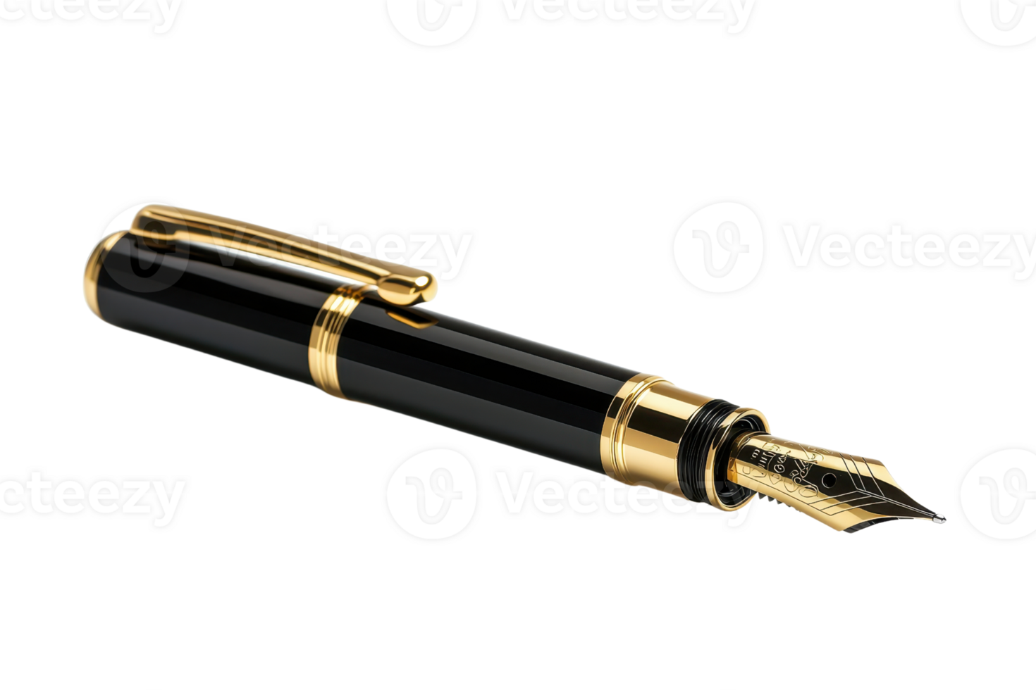 Elegant black fountain pen with gold accents, isolated on a transparent background. Perfect for writing, signing documents, and luxury style display. png