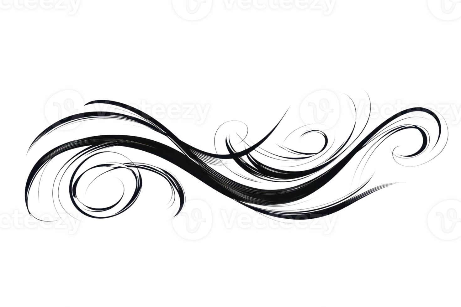 Elegant black decorative swirl with intricate curving lines, perfect for use in graphic design, invitations, or artistic projects. png