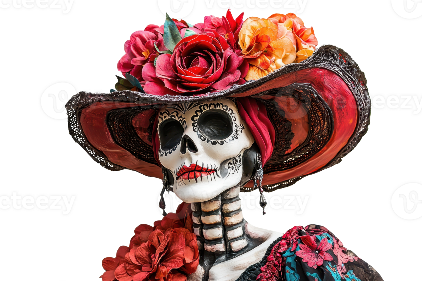 Colorful Day of the Dead sugar skull with floral hat, representing Mexican culture and tradition during Dia de los Muertos celebration. png