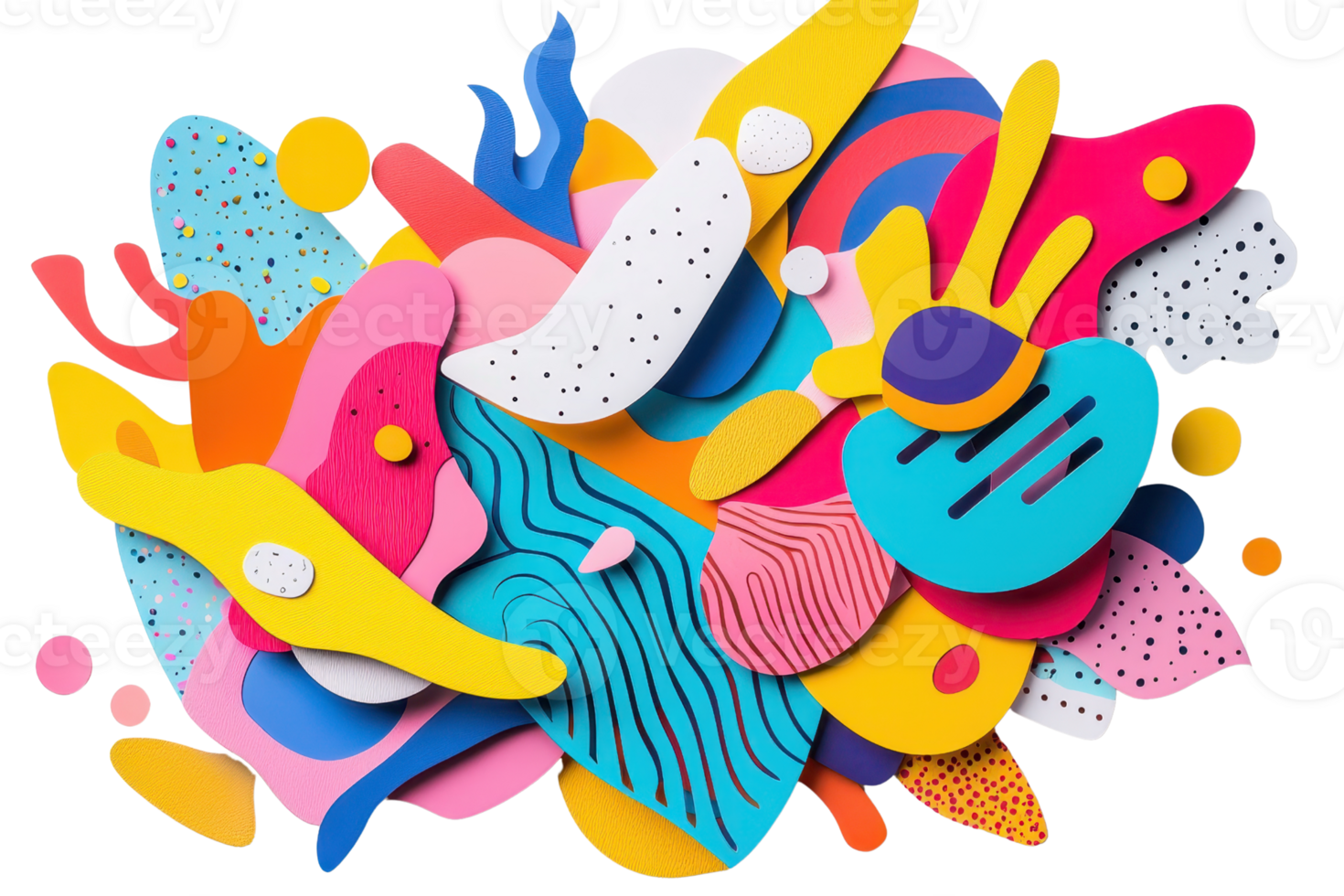 Colorful abstract paper cutout composition with vibrant shapes layered for a dynamic and artistic visual impact. png