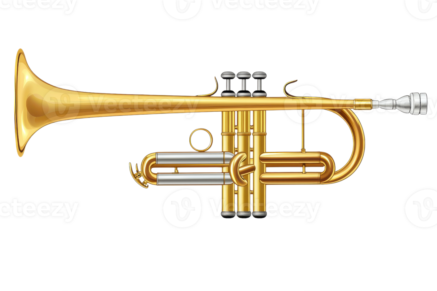 Detailed image of a classic brass trumpet showcasing its gleaming golden finish and intricate design, perfect for music-related projects. png
