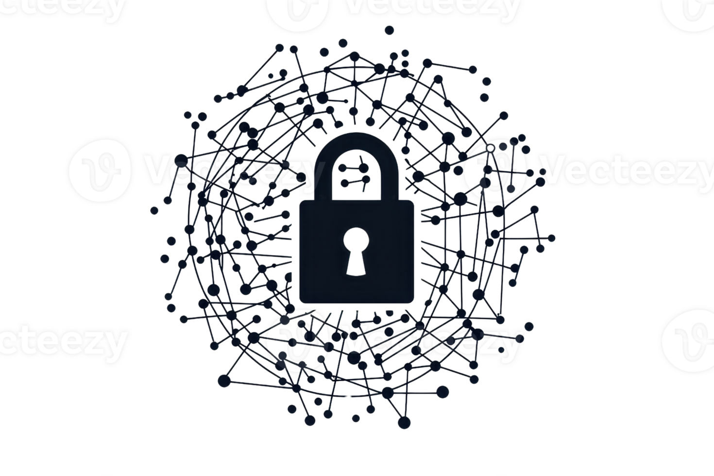 Cybersecurity concept with a central padlock surrounded by digital network lines, symbolizing data protection and secure communication. png