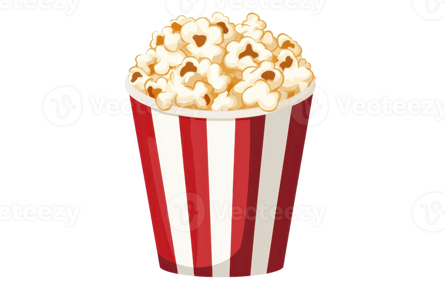 Colorful striped popcorn bucket filled with fluffy, buttery popcorn, isolated on a transparent background. ideal for cinema and snack themes. png