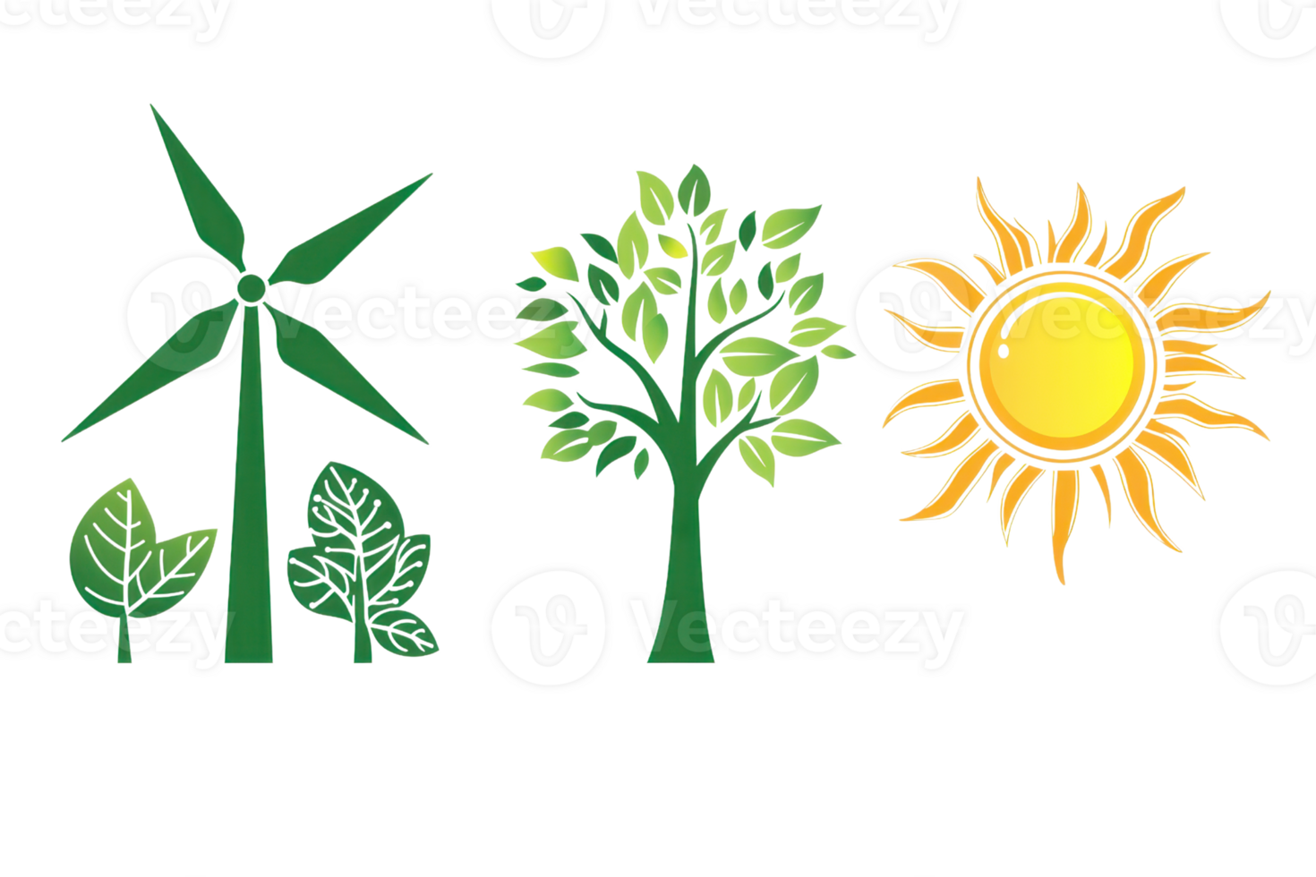 Eco-friendly illustration with wind turbine, tree, and sun symbolizing renewable energy, sustainability, and environmental conservation. png